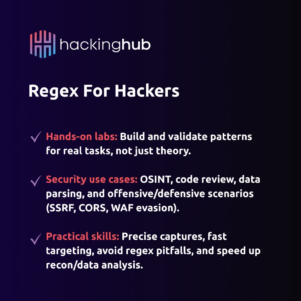 hackinghub_io's tweet image. In our Regex For Hackers course, @nahamsec and @BuildHackSecure will take you from basic pattern matching to real-world hacking applications in under 3 hours.

Access the course:  tinyurl.com/Regexforhackers