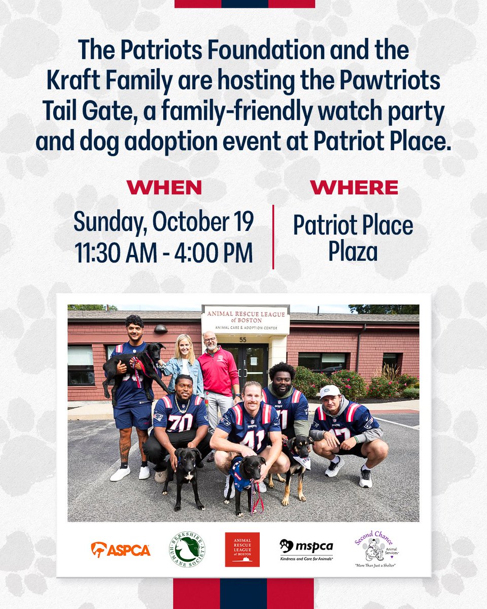 Attention Foxborough, don't miss your chance to adopt a furry friend and cheer on the Pats next Sunday 🐾🐶🦴🐩

More info: patriots.com/pawtriots