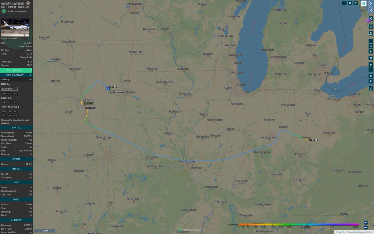 US Air Force E-4B National Airborne Operations Center #ADFEB5/74-0787 is up from Offutt for its second sortie of the day after making the trip from Wright Patterson AFB, OH.  It was on the ground for a little under 3 hours.