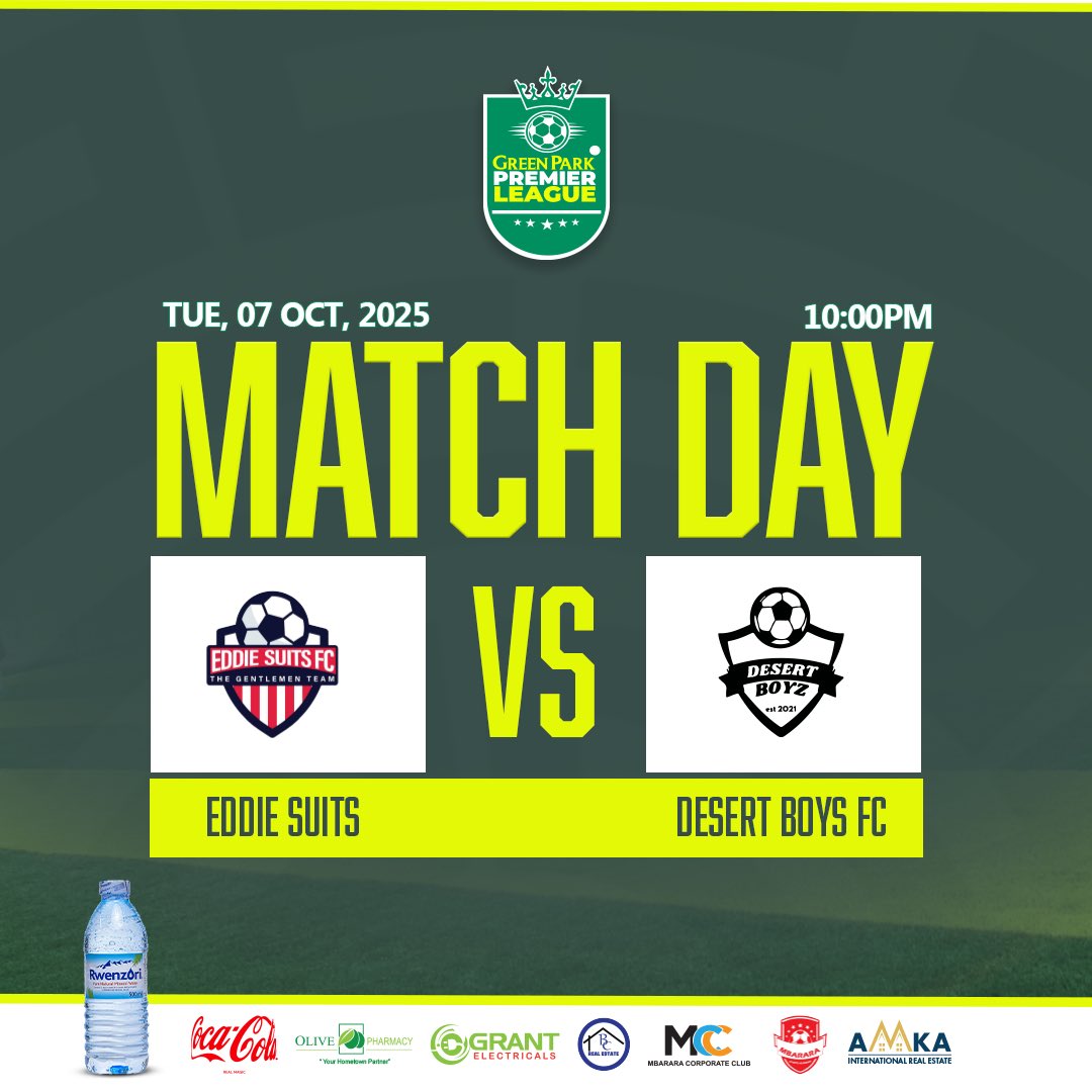 🟢𝗠𝗔𝗧𝗖𝗛𝗗𝗔𝗬!🟢

 Eddie Suits 🆚 Desert Boys

🏟️ Green Park Stadium
🏆 Premier league 
⏰ 10:00pm (EAT)

#GreenParkPremierLeague
Don’t Miss Action ⚽️💚💚