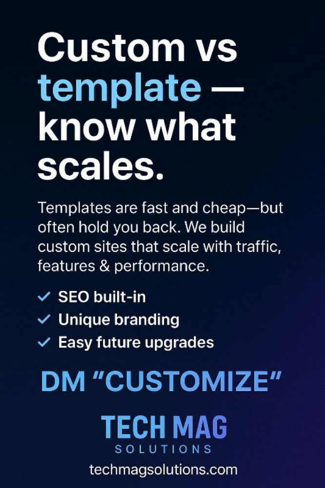 techmagsolution's tweet image. Custom vs template — know what scales.
Templates are fast and cheap—but often hold you back. We build custom sites that scale with traffic, features & performance.
✅ SEO built-in
✅ Unique branding
✅ Easy future upgrades
💬 DM CUSTOMIZE
🌐 Website: techmagsolutions.com