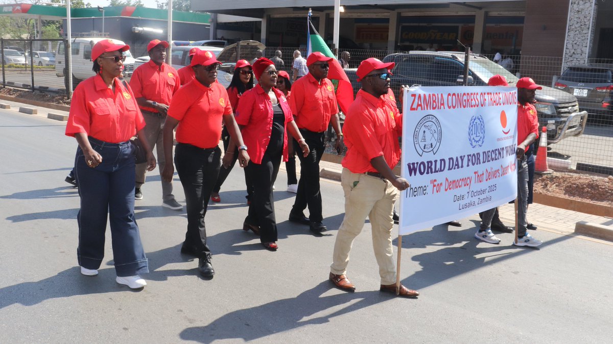 Minister of Labour and Social Security, Hon. Ms. Brenda Tambatamba MP. urges Zambians to turn democracy into #jobs, dignity &amp; opportunity. She said this today during 2025 #WorldDayforDecentWorkcommemoration themed: "For Democracy that Delivers Decent Work" held at <a href="/ZctuZambia/">ZCTU</a> HQ.