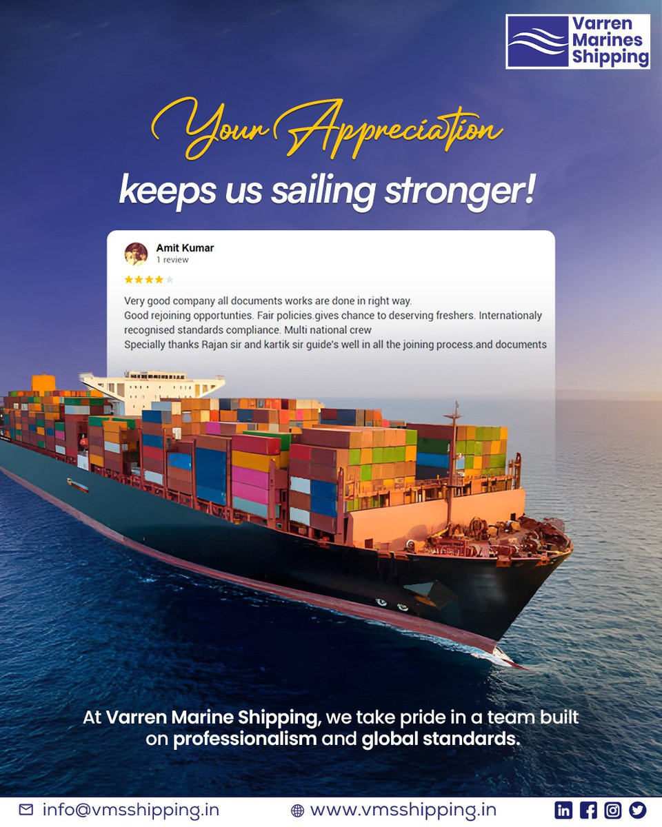 vmsshipping's tweet photo. Your words keep us sailing forward! ⚓💙
Thank you for being part of the Varren Marine Shipping journey! 🚢

#VarrenMarinesShipping #GoogleReview #SeafarersLife #MerchantNavy #MarineCareer #MaritimeWorld #ShippingCompany #DGShipping #STCW #LifeAtSea #SailWithVarren #VMSShipping https://t.co/7iOaBbsPJn