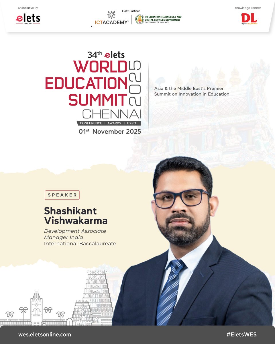 dl_magazine's tweet image. The 𝟑𝟒𝐭𝐡 𝐄𝐥𝐞𝐭𝐬 𝐖𝐨𝐫𝐥𝐝 𝐄𝐝𝐮𝐜𝐚𝐭𝐢𝐨𝐧 𝐒𝐮𝐦𝐦𝐢𝐭 welcomes Shashikant Vishwakarma, Development Associate Manager India, International Baccalaureate.

Enquire Now: lnkd.in/gvqnK7yD
Know More: lnkd.in/fkuQWqw

#Elets #EletsWES #InviteOnly #WESChennai