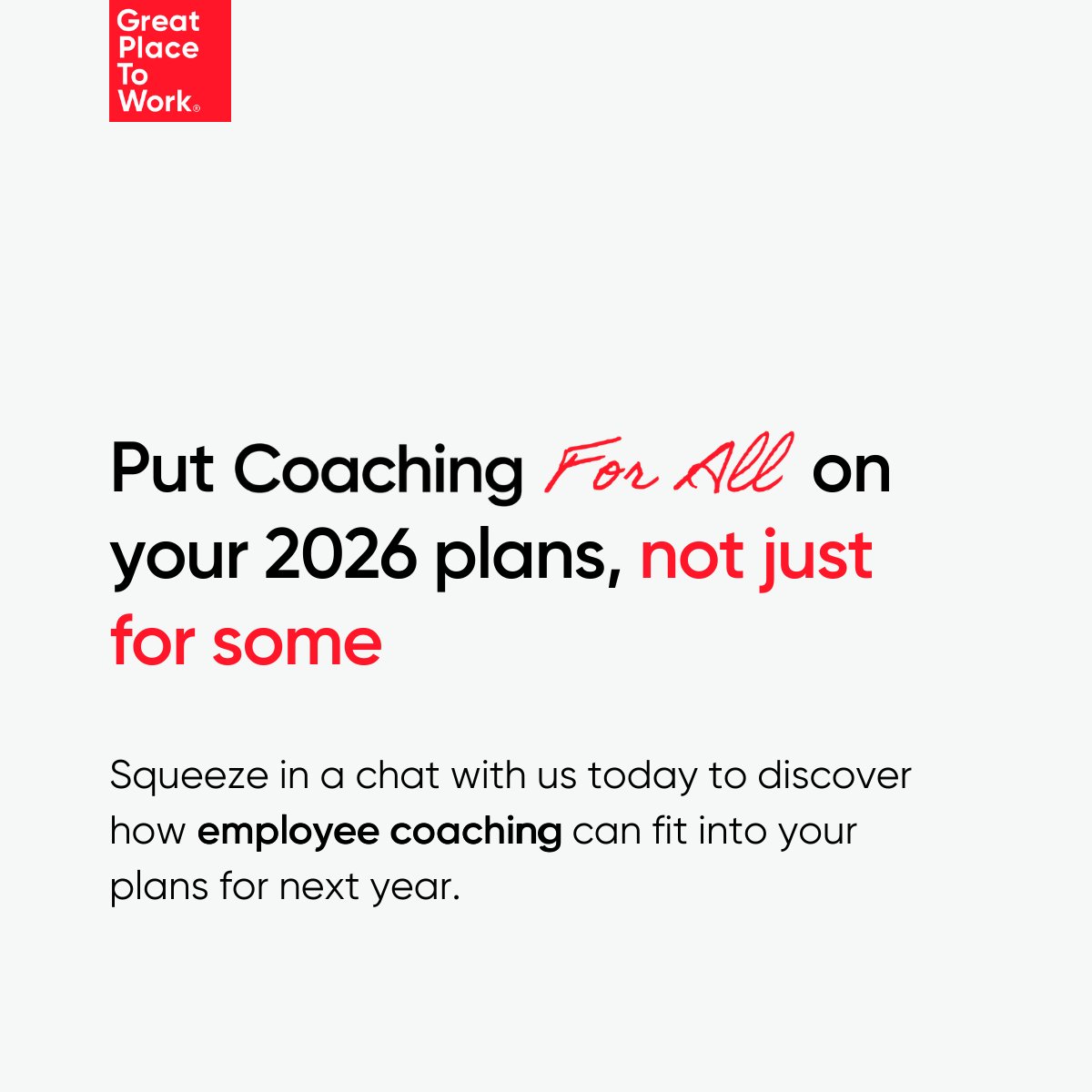 GPTW_UK's tweet image. Put Coaching For All on your 2026 plans, not just for some.
Let’s talk about how coaching can elevate your employee experience.
💬 Squeeze in a chat with us today! hubs.ly/Q03Ljmcw0
#CoachingForAll #HR #2026Planning