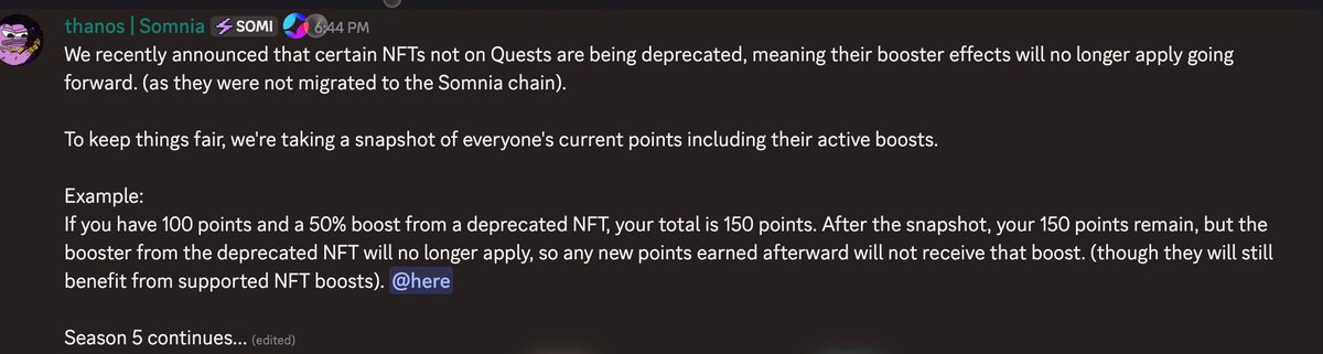🪶 <a href="/Somnia_Network/">Somnia</a>  Update Recap 💜
🫰 Like Thanos snapping his fingers — balance restored, the game resets.
We recently announced that certain NFTs not on Quests are being deprecated, meaning their booster effects will no longer apply moving forward.

To keep things fair for