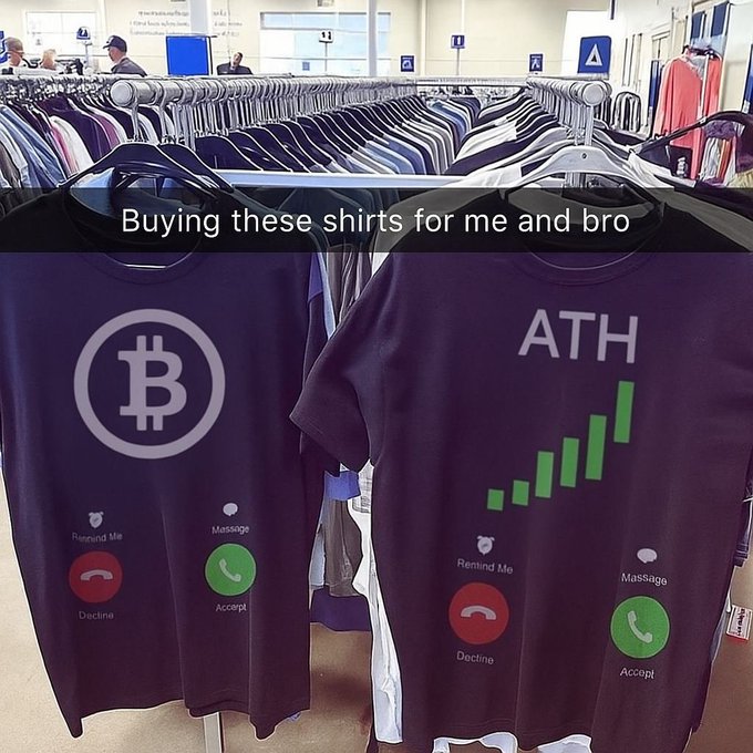 Clothing store interior with multiple racks of hanging shirts in various colors including red orange blue and white, a man in a cap standing near one rack, shopping baskets on the floor, and directional signs on walls, prominently featuring two purple shirts on hangers in the foreground, left shirt displaying a white Bitcoin symbol above green phone icons for call and accept functions, right shirt showing ATH text with a green upward trending arrow graph alongside similar phone icons for outgoing call and message