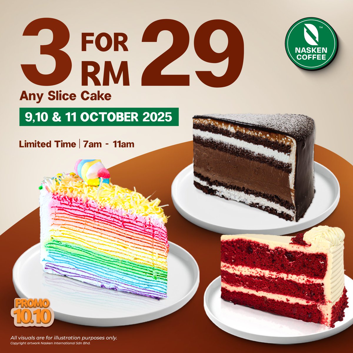 NaskenCoffee's tweet photo. PROMO 10.10: 3 SLICE KEK RM29! 🍰

Hai peminat kek Nasken Coffee!
Sempena promo 10.10,

Hanya dengan RM29, anda boleh pilih 3 keping kek potong, apa jua perisa ikut citarasa!

📅 9, 10 &amp; 11 Oktober 2025
⏰ 7:00 pagi – 11:00 pagi SAHAJA https://t.co/T9JHhvBlSb