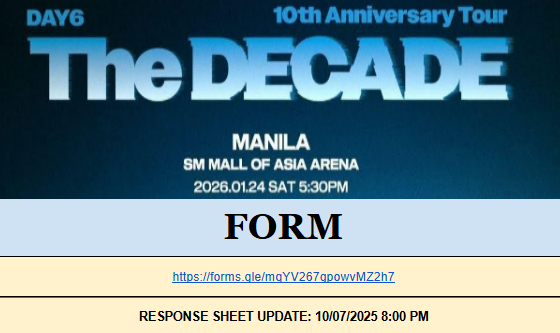 Good News!!!
Seatmate finder is now updated!
We have a total of 273 responses. 

Please continue sharing the form mydays:
forms.gle/3wE2wKufLyjMvs…

Thank you, see you vv soon MyDays!
#DAY6inManila #DAY6 #데이식스 #DAY6_10th_Anniversary_Tour #The_DECADE