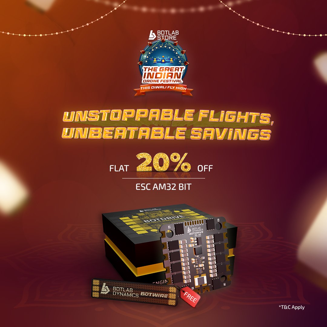 BotLabStore's tweet image. Festive Power, Festive Savings! 🥳
Get the ESC AM32 at 20% OFF this festive season🏷️
Comes with a FREE Racewire bonus!🤑
#TheGreatIndianDroneFestival #ThisDiwaliFlyHigh #DroneFestival #DroneDeals #DroneDiscounts #DroneTech #DroneLife #BotLabStore #MadeInIndia #BuiltToFlyHigh