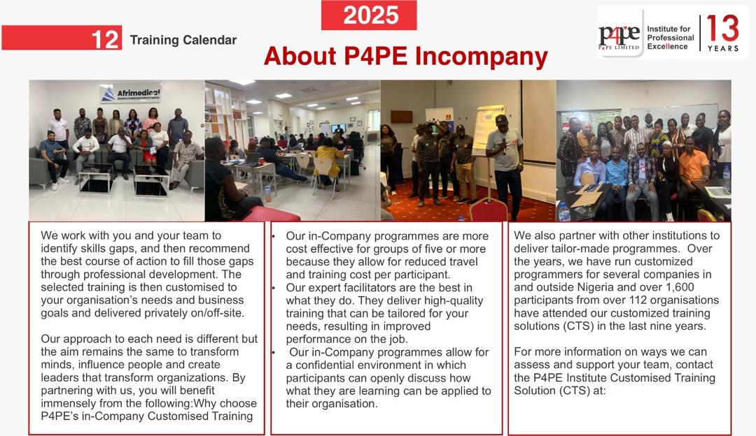 P4PEtwt's tweet image. When training works, business grows.

At P4PE Institute, we design custom learning solutions that solve real problems — not just tick boxes.

💡 Measurable impact. Real performance. Lasting results. 📞 +234 916 248 7038 | p4pe.co/training/corpo…
#CorporateTraining #P4PEInstitute