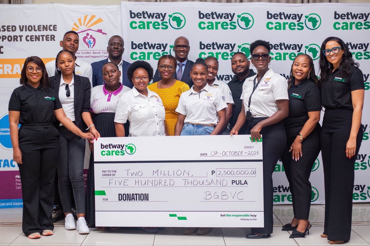 BetwayBW's tweet photo. Through our BetwayCares initiative, we’re committed to uplifting communities and supporting causes that truly matter.

Today, we proudly donated P2.5 million to the Botswana Gender-Based Violence Prevention and Support Centre, an organisation doing incredible work to protect, heal, and empower survivors across the country.

Our CSR arm, Betway Cares, focuses on community impact, safety, and creating sustainable change because together, we can build a safer and stronger Botswana. 

#BetwayCares #BuildingCommunities #Botswana #GBVSupport #Betway