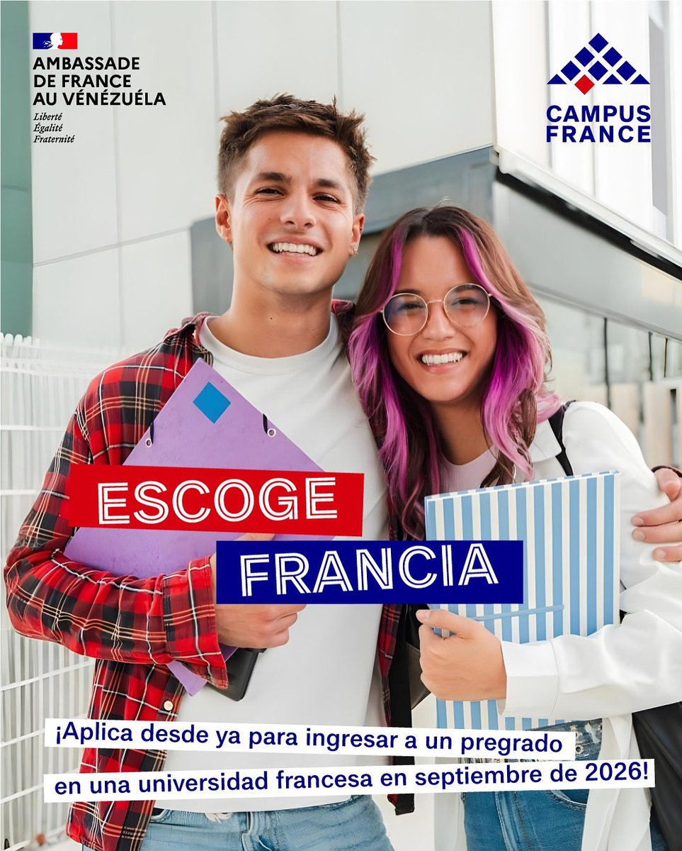 📣 Abiertas desde ya las aplicaciones para ingresar a un pregrado en una universidad 🇫🇷 en septiembre de 2026.

Puedes aplicar si tienes o vas a tener un bachillerato 🇻🇪 en 2026 👩🏻‍🎓🧑‍🎓

🗓️ Postulaciones antes del 11/12/ 2025.

🔗 Para más información : bit.ly/3KB0BIm