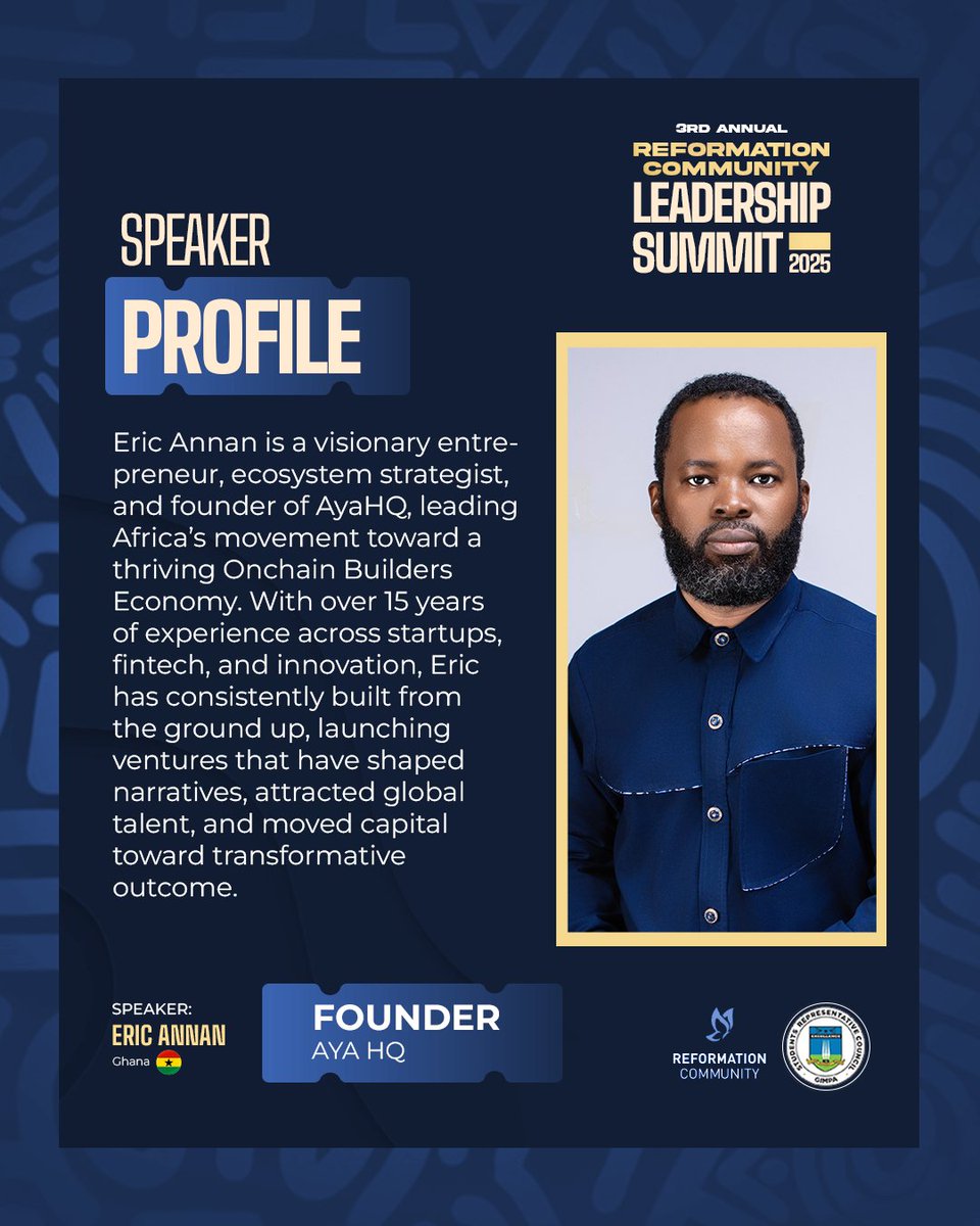 We’re honored to feature Eric Annan, Founder of AyaHQ — a visionary driving Africa’s Onchain Builders Economy. At #RCLS2025, he’ll share insights on innovation, tech, and collaboration for Africa’s digital transformation.
Nov 28–29 | 📍 GIMPA, Accra
🔗 tinyurl.com/rcucleadership…
