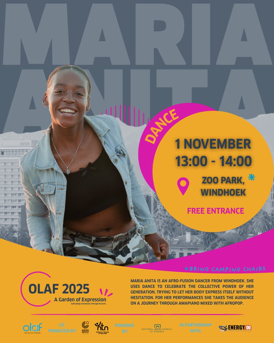 OLAF_Namibia's tweet photo. OLAF without moves? Unthinkable.
That’s why we’re excited to welcome Maria Anita to this year’s lineup.
She’s bringing a powerful Gen Z statement you won’t want to miss.
Join us for free on 31 October and 1 November at Zoo Park.
#OLAF2025 #GardenOfExpression #ArtsInTheCity https://t.co/df7XRbnKcE