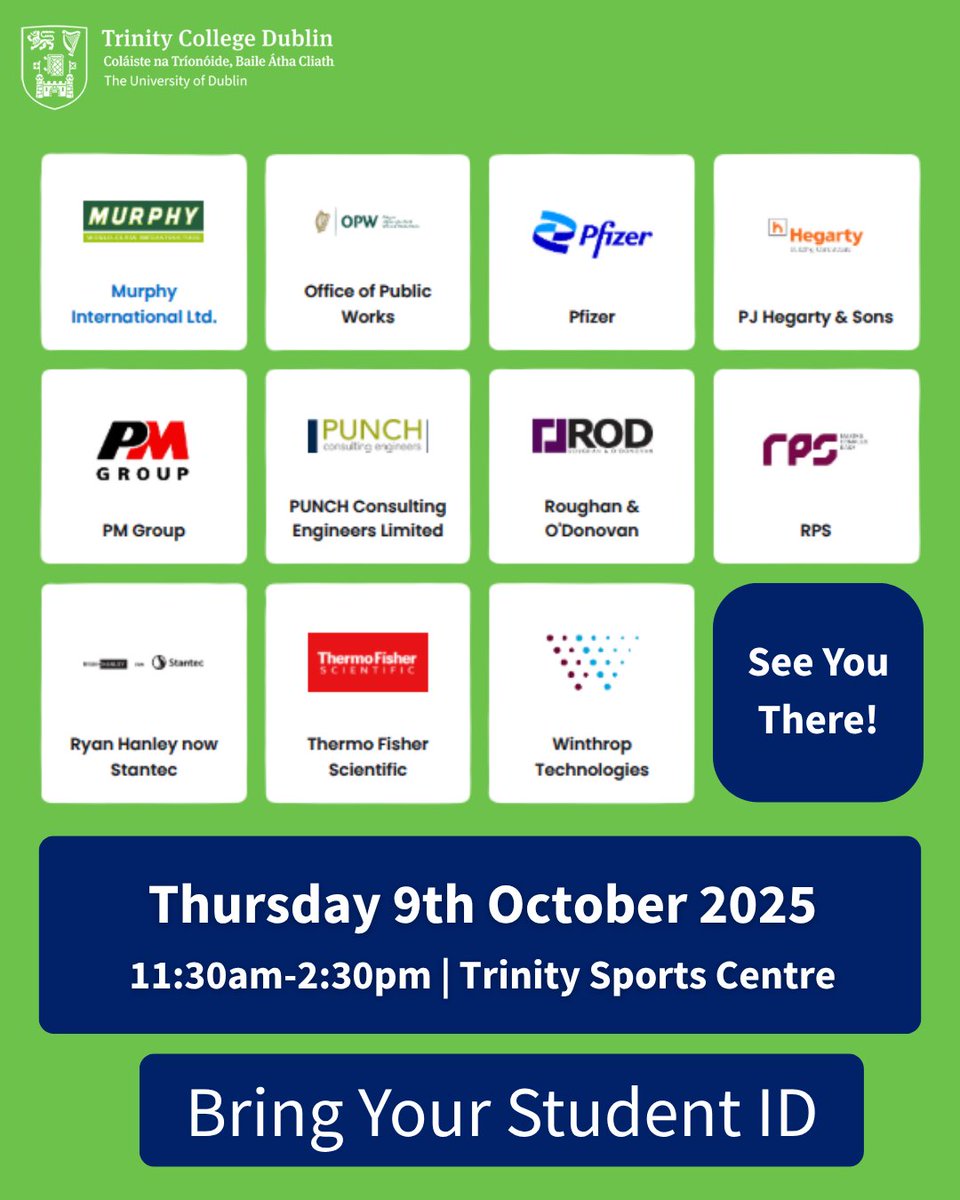 tcdengineering's tweet photo. ๐ฃ @tcddublin Engineering & Environment Careers Fair
๐๏ธ Wed 9 Oct | โฐ 11.30amโ2.30pm
๐ Trinity Sports Centre
Meet recruiters offering internships & graduate roles. Hosted by Trinity Careers Service.
๐ https://t.co/h9MzCEoOTk
#TCDCareers #TrinityEngineering https://t.co/tbCjDOw6hq