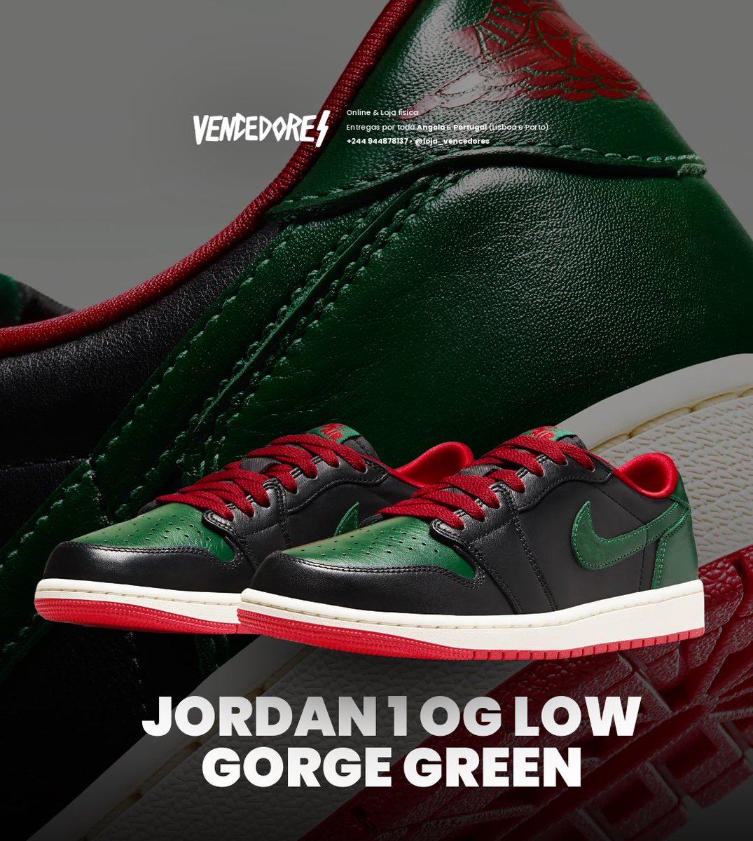 🔥 Jordan 1 OG Low – Gorge Green
Couro premium, detalhes icônicos e estilo único.
💸 147.200,00 KZs
📦 Entregas em Angola 🇦🇴 &amp; Portugal 🇵🇹
📲 +244 944 878 137 | <a href="/loja_vencedores/">Loja Vencedores 🏆🇦🇴</a>

👟 Drop imperdível. #Jordan1 #GorgeGreen #Sneakerhead