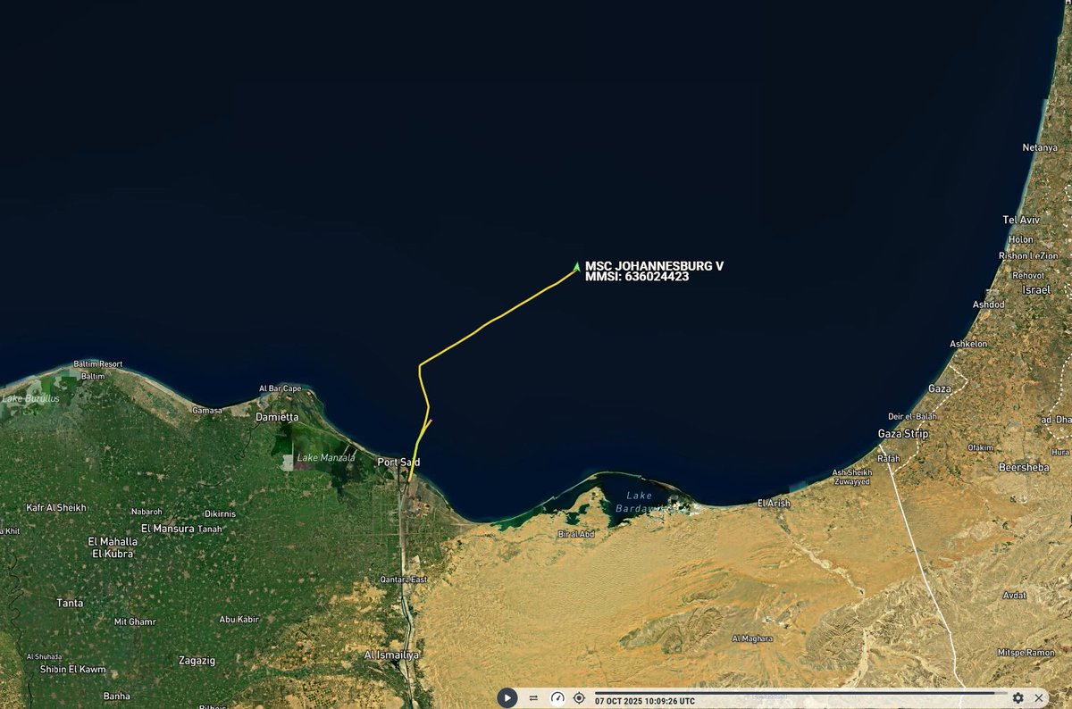The vessel JOHANNESBURG V is once again positioned offshore, mirroring the pattern seen during the first interception of the #GlobalSumudFlotilla. This reinforces the hypothesis that the ship may be involved in Israeli military operations. #Flotilla #Mediterranean