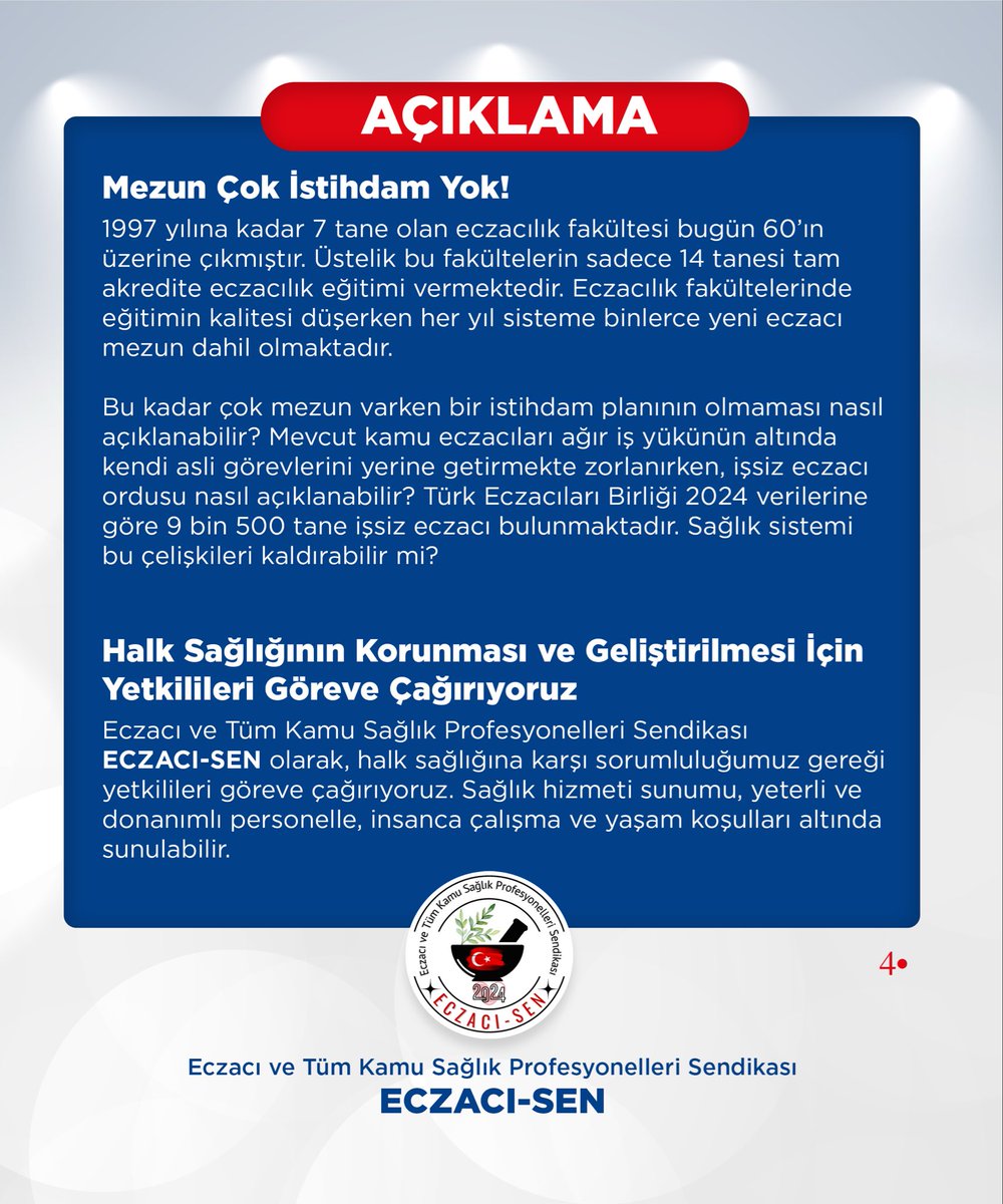 ➡️ Eczacı ve Tüm Kamu Sağlık Profesyonelleri Sendikası ECZACI-SEN olarak, halk sağlığına karşı sorumluluğumuz gereği yetkilileri göreve çağırıyoruz. Sağlık hizmeti sunumu, yeterli ve donanımlı personelle, insanca çalışma ve yaşam koşulları altında sunulabilir. 👇