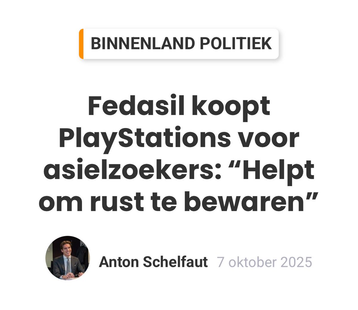 “PlayStations om de rust te bewaren.”

Rust.

U leest het goed - RUST.

It’s your funeral, Fedasil. 

RUST. LMAO.