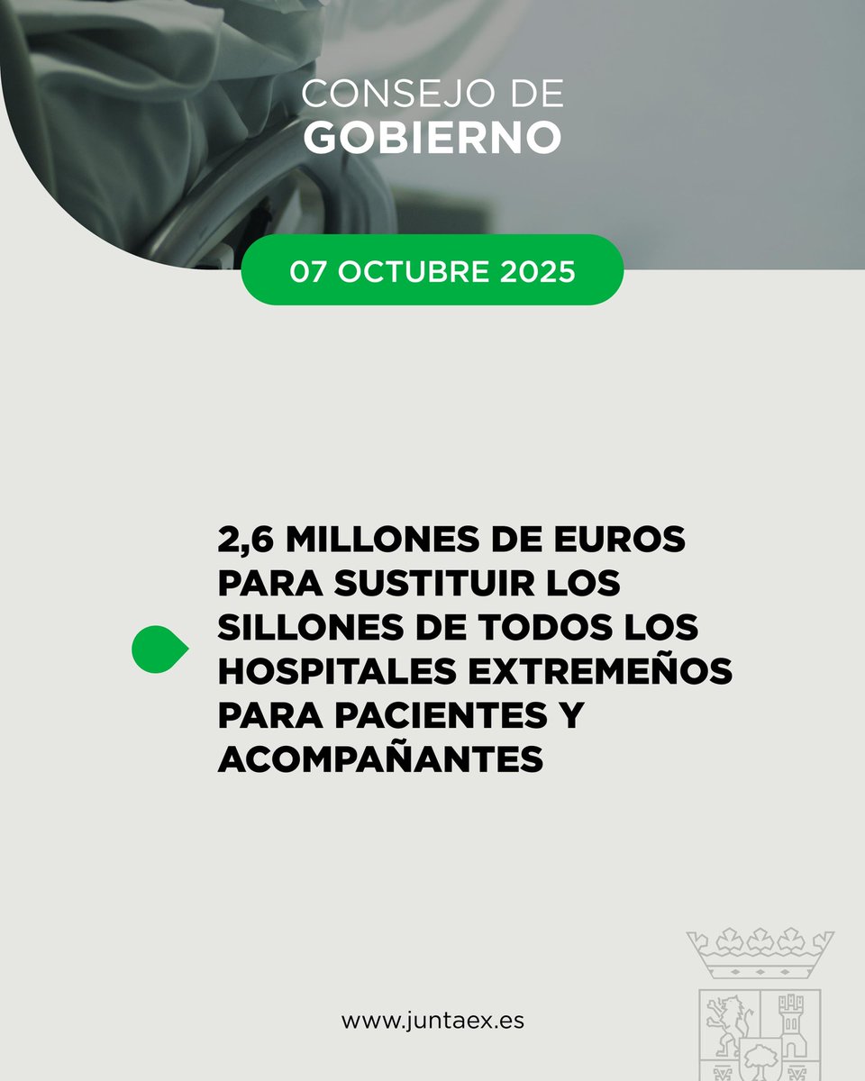 🏥 El #ConsejoGobiernoEXT aprueba 2,6M € para sustituir los sillones de acompañantes y pacientes en todos los hospitales públicos extremeños.