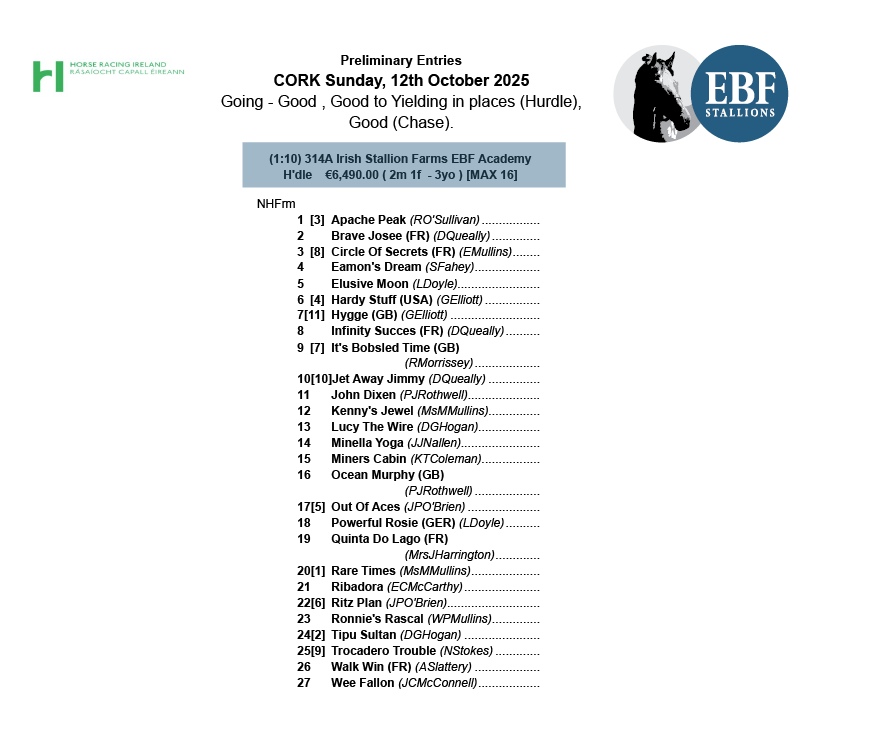 IrishEBF_'s tweet photo. ENTRIES are in for the first ever #IrishEBF Academy Hurdle race this Sunday @corkracecourse ⬇️⬇️
Great start to a new initiative by @HRIRacing 👏
🏆27 entered
🏆19 trainers
🏆ITBA Bonus €7.5k for eligible fillies
🏆IRE NH Sales Voucher €10k (Split 1st/2nd/3rd)
🏆Next race @Fairyhouse 4th Nov

#EBFGoodForRacing 🐎🐎
