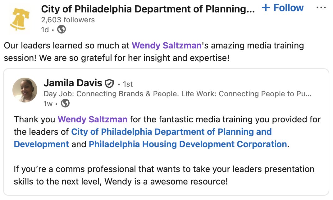 🌟Client Spotlight🌟 We’re thrilled to share some amazing feedback from the Phl Dept of Housing &amp; Development! 🏙️ After partnering w/ us for expert media &amp; public speaking training their team walked away feeling more confident, prepared &amp; empowered to tell their story w/impact.🎤