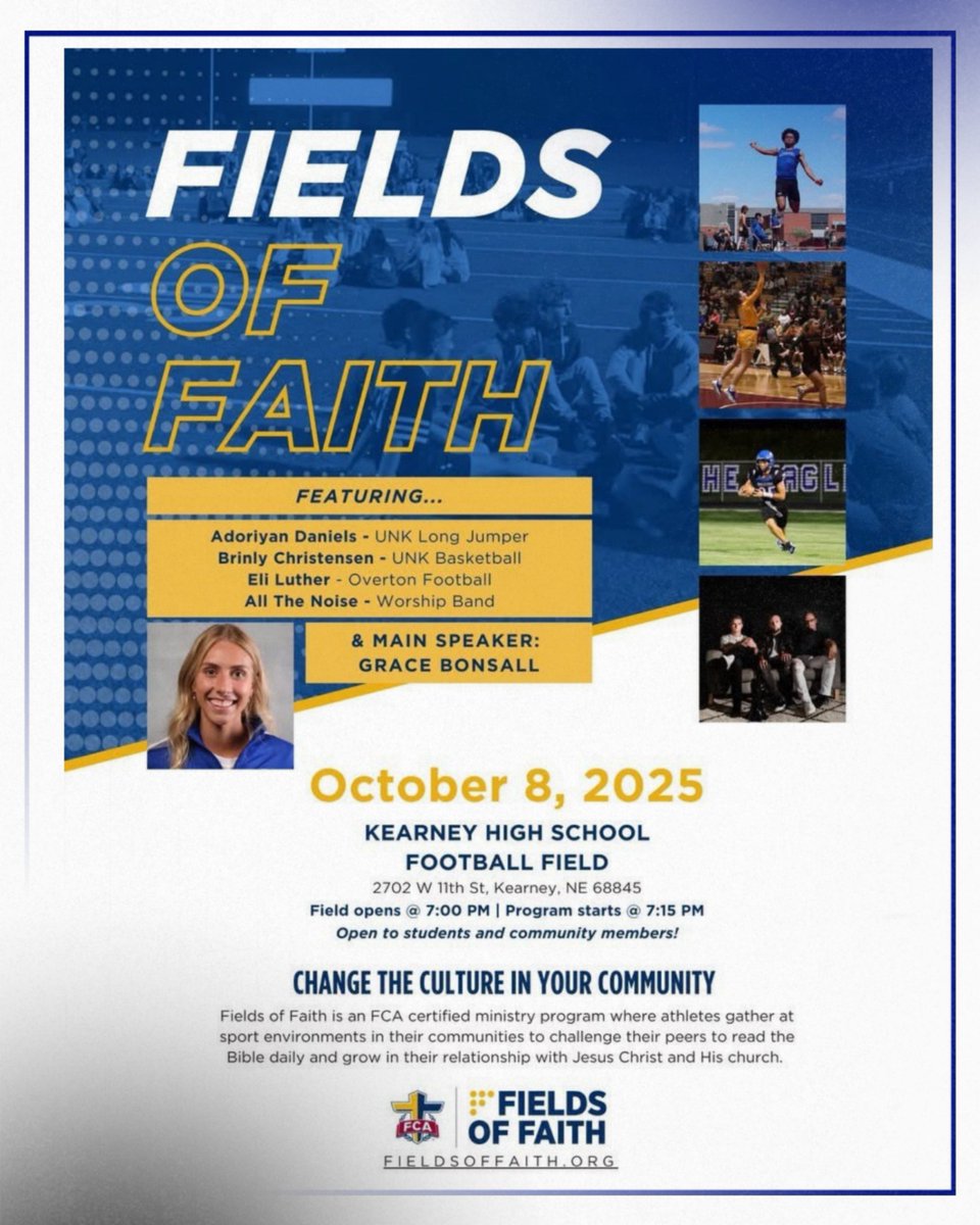 Overton FCA invites you to Fields of Faith 
Wednesday, October 8
7:00pm
Kearney High Football Field