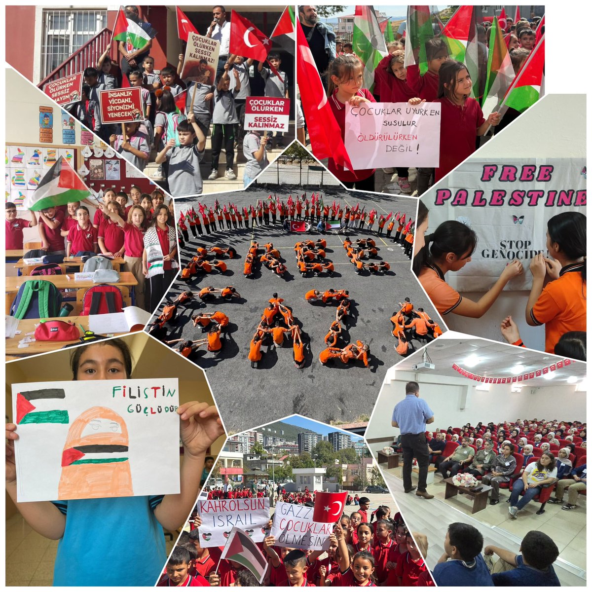 Millî Eğitim Bakanlığımızın koordinesinde okullarımızda eş zamanlı olarak Filistin ve Gazze temalı farkındalık etkinlikleri gerçekleştirildi.
Öğrencilerimiz, hazırladıkları çalışmalarla Filistin halkının onurlu direnişine desteklerini ifade ettiler.