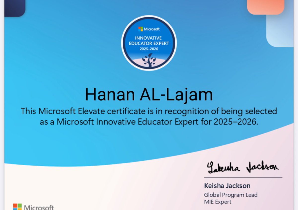 🌟 بفضل الله وتوفيقه
حصلت على شارة خبير مايكروسوفت للتعليم (MIE Expert) لعام 2025–2026 🎉
خطوة جديدة في طريق الإبداع والابتكار نحو تعليم رقمي متطور يلهم ويمكّن المتعلمين 💻