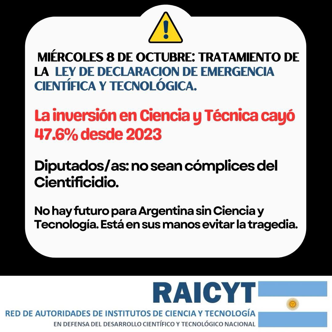 Diputados y diputadas, no sean cómplices del Cientificidio en marcha. Necesitamos la Ley de Emergencia en Ciencia y Técnica! <a href="/_alvarogonzalez/">Álvaro González</a> <a href="/PameCalletti/">Pame Calletti</a> <a href="/OutesPablo/">Pablo Outes</a> 
<a href="/yolandaoficiall/">Yolanda Vega</a> <a href="/HectorBaldassi/">Héctor “La Coneja” Baldassi</a>