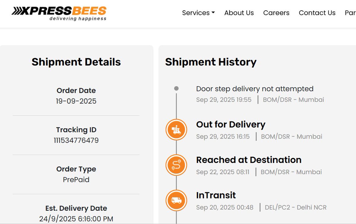 UtsavMscit's tweet photo. @XpressBees_IN @ChackoSitara My order (Tracking ID: 111534776479) hasn’t been delivered yet even though it was out for delivery on Sep 29, 2025 and marked as “Door step delivery not attempted.” Please look into this urgently. The delay is unacceptable. #CustomerService #DelayedDelivery https://t.co/eCekctoYky