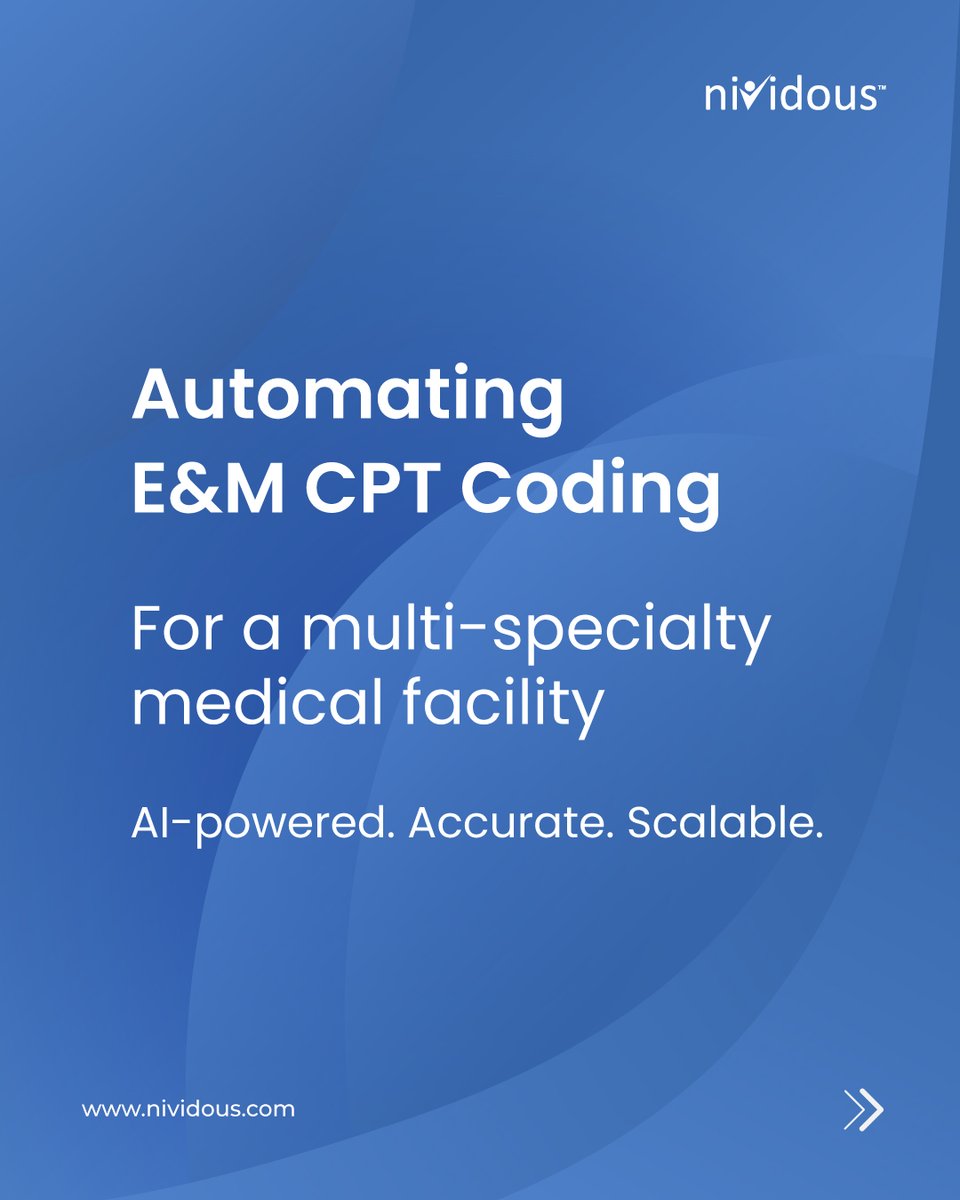 Nividous's tweet image. A leading medical facility transformed E&amp;amp;M CPT coding with Nividous Intelligent Automation.

💡 100% error-free
⚡ 85% faster
🙌 90% less manual effort

Read the full story: nividous.com/resources/case…

#MedicalCoding #AIinHealthcare #Automation #HealthcareInnovation #Nividous