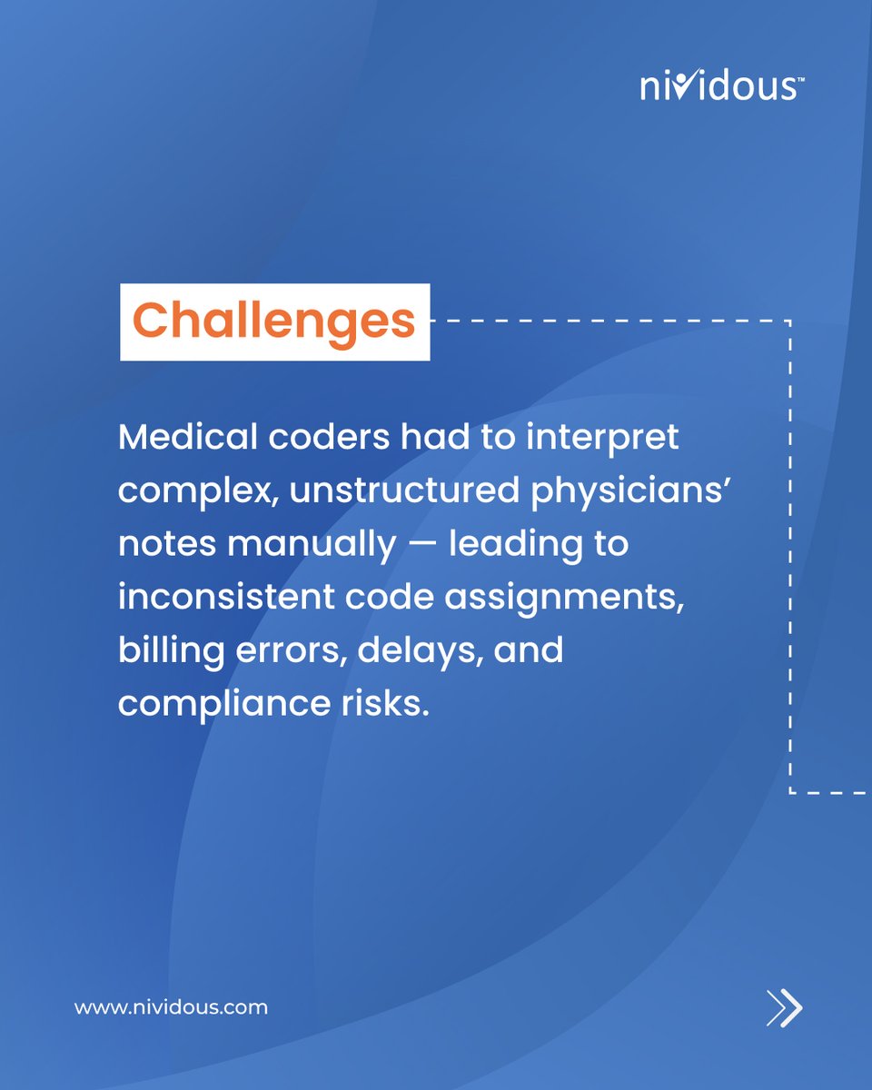 Nividous's tweet image. A leading medical facility transformed E&amp;amp;M CPT coding with Nividous Intelligent Automation.

💡 100% error-free
⚡ 85% faster
🙌 90% less manual effort

Read the full story: nividous.com/resources/case…

#MedicalCoding #AIinHealthcare #Automation #HealthcareInnovation #Nividous
