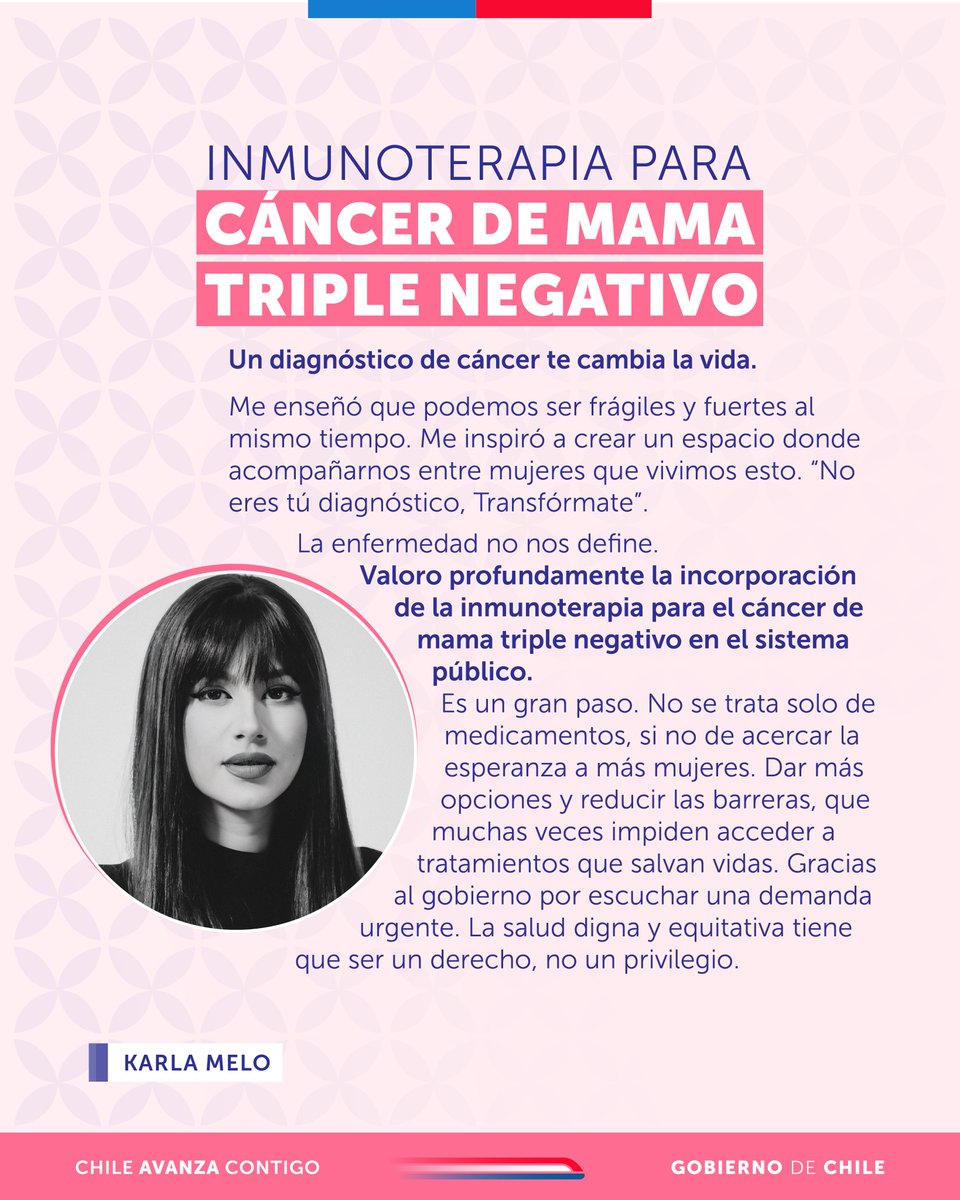 La incorporación de la inmunoterapia para el cáncer de mama triple negativo en el sistema público marca un avance histórico. Más acceso, más esperanza y más justicia en salud para todas las mujeres de Chile. 💗🇨🇱

Te compartimos el testimonio de la actriz Karla Melo en este