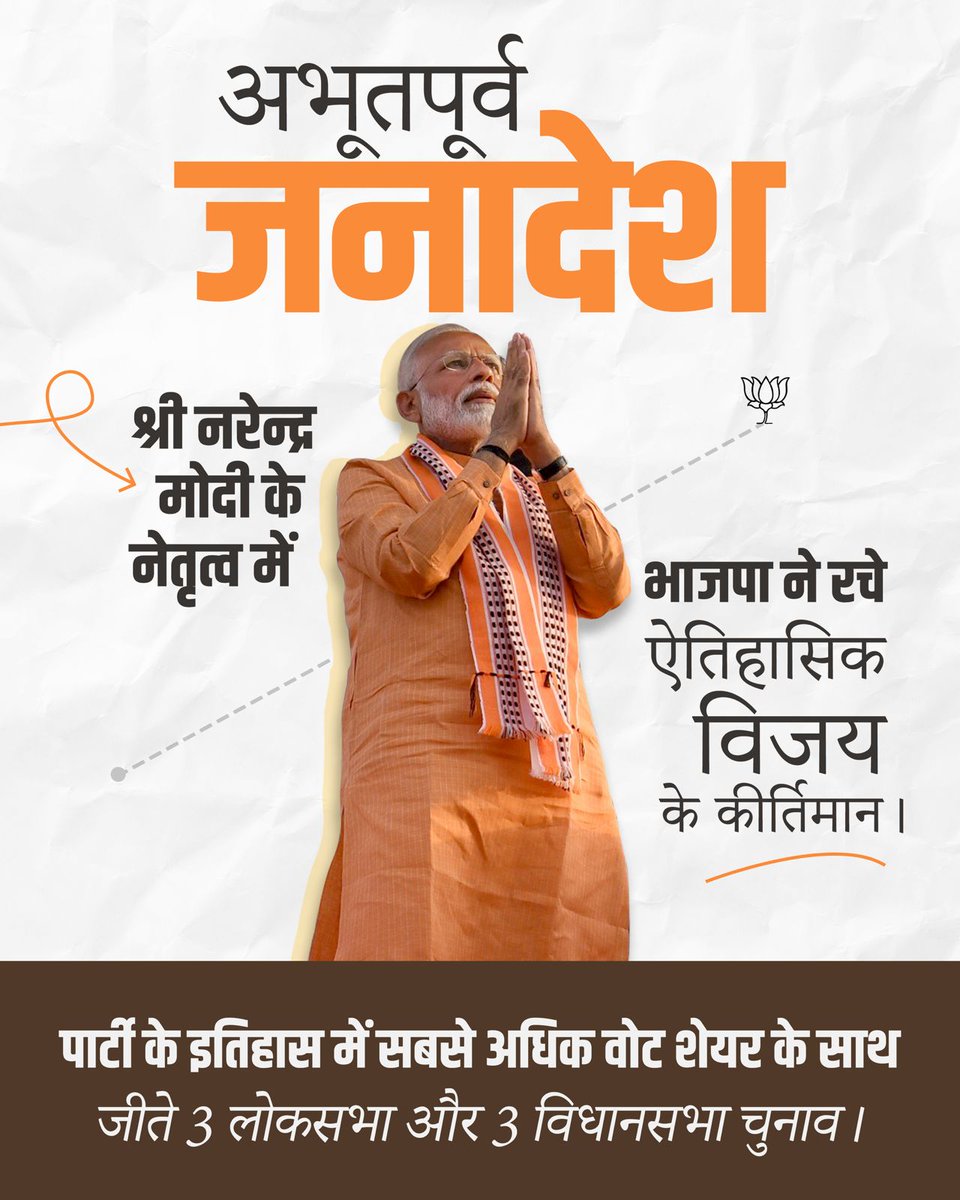 hardipjambucha7's tweet image. भाजपा ने अपने इतिहास में सबसे अधिक वोट शेयर के साथ लगातार 3 लोकसभा और 3 विधानसभा चुनावों में शानदार जीत दर्ज की है। 

यह उपलब्धि जनता के विश्वास और प्रधानमंत्री श्री @narendramodi के नेतृत्व में राष्ट्र के विकास के प्रति समर्पण का प्रमाण है। 🇮🇳