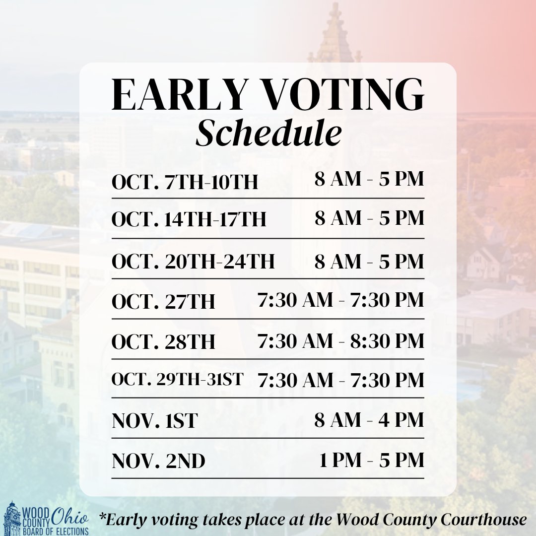 EARLY VOTING STARTS TODAY! 🗳️

Make sure you keep yourself up to date with all the days and times so you can skip the line and vote early! 

Please note: early voting takes place at the Wood County Courthouse in Bowling Green.