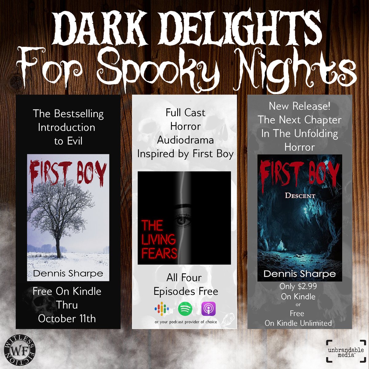 Witlesslackey's tweet photo. Free or discounted for Halloween!

First Boy free on Kindle:
https://t.co/zdbIC9I5lq

The Living Fears all 4 episodes free:
https://t.co/p0h8RwhLZC
(or your podcast provider of choice)

First Boy: Descent NEW RELEASE on Kindle:
https://t.co/ogzHX7xMCs

#spookymonth  #horrorfans https://t.co/D3YIor8qD6