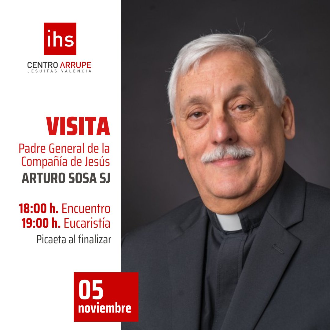 Nos complace invitarles a la visita oficial de Arturo Sosa Abascal SJ, Padre General de la Compañía de Jesús, el próximo 🗓️ miércoles 5 de noviembre.

El programa incluye:
18:00 h. | Encuentro Comunitario
19:00 h. | Eucaristía
Finalizaremos con una picaeta

¡Acompáñanos!