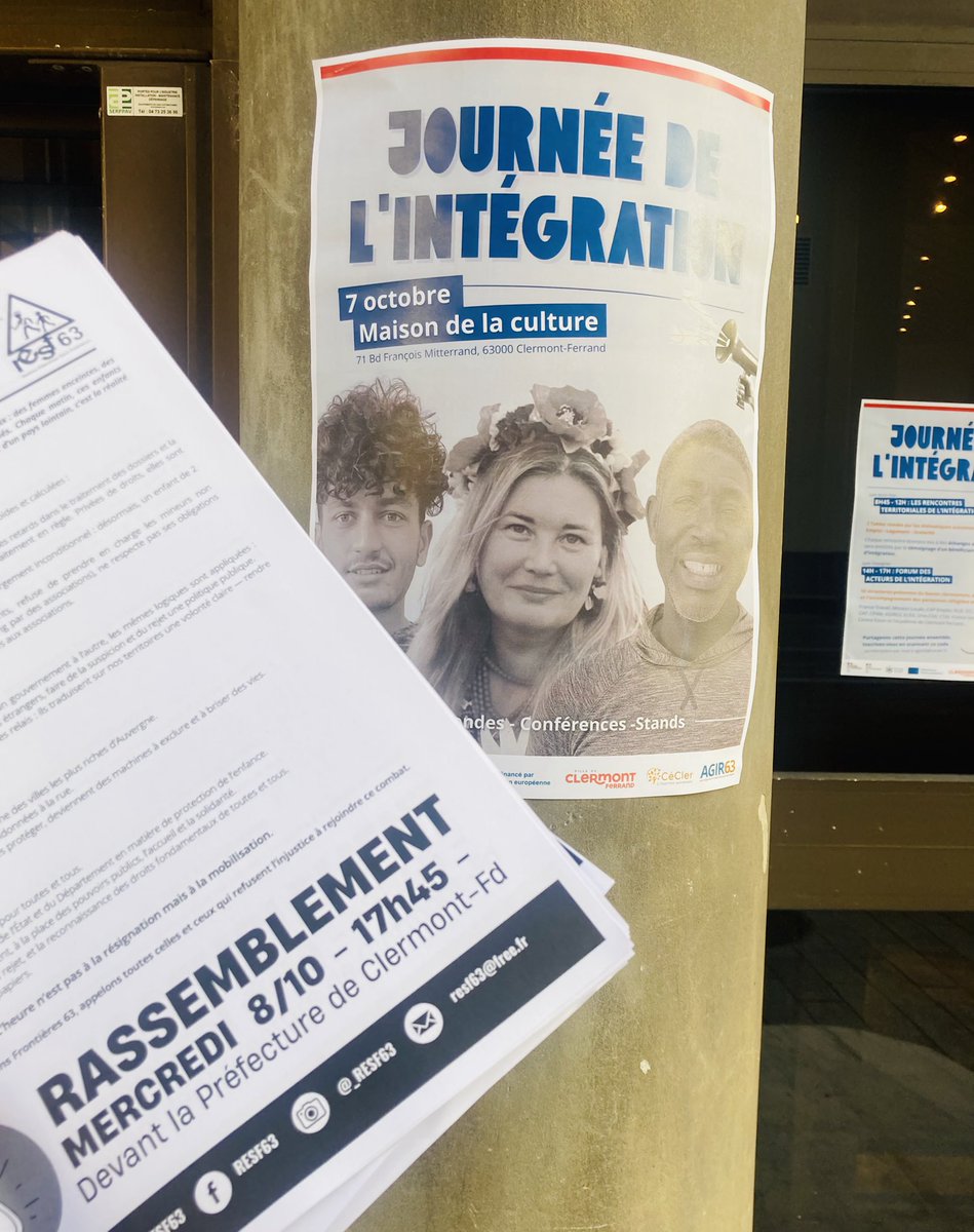 Journée « officielle » sur l’intégration à #ClermontFd

Non invités, on a rappelé ce matin qu’il ne peut y avoir d’intégration dans un contexte de violence institutionnelle.

📌Rdv le 8/10 à 17h45 sous les fenêtres du <a href="/Prefet63/">Préfet du Puy-de-Dôme</a>.