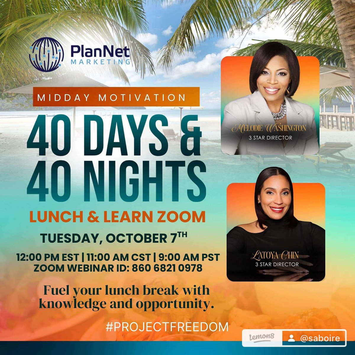 Bold &amp; Soulful

Midday Motivation is calling!
This Tuesday, October 7th, join us on Zoom for a powerful Lunch &amp; Learn with dynamic leaders: Malone Washington &amp; Latoya Chin 

🕛 12 PM EST | 11 AM CST | 9 AM PST
🔗 Zoom ID: 860 6821 0978

Real talk. Real strategy. Real freedom.