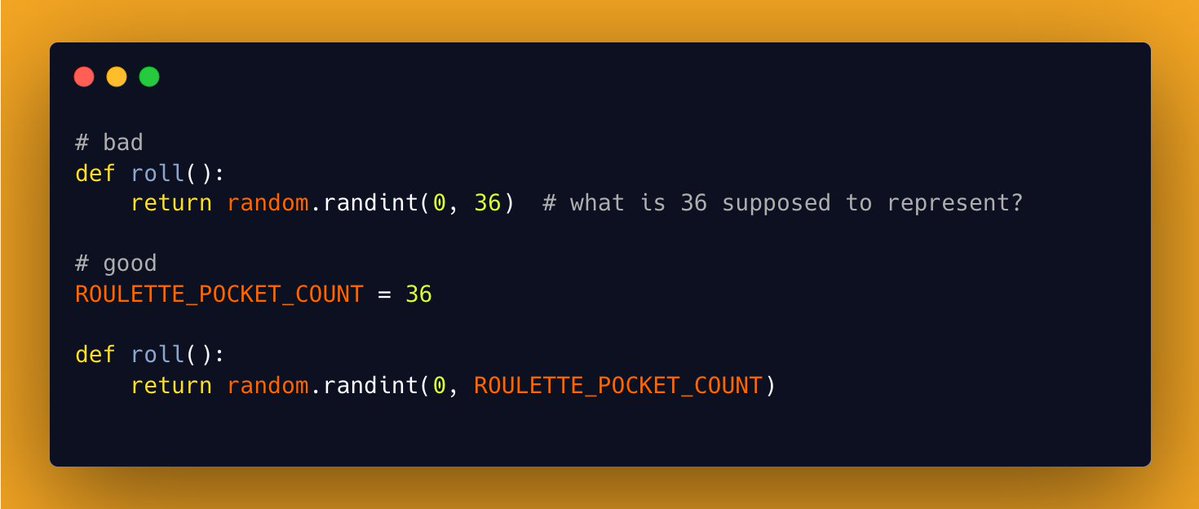 testdrivenio's tweet image. Clean Code Tip:
Avoid magic numbers in code. 
Use named constants to clarify meaning and simplify maintenance.
Example 👇
