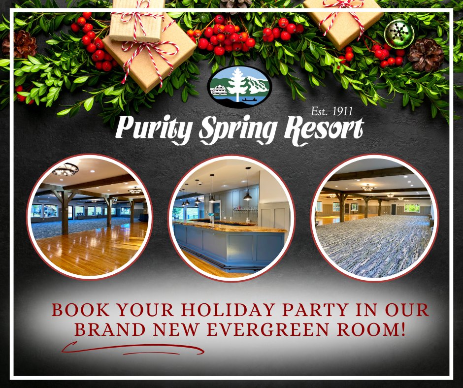PuritySpring's tweet image. 🎄✨ Host Your Holiday Party in Style with Purity Spring! ✨🎄
Introducing the BRAND-NEW Evergreen Room at King Pine. A beautifully redesigned space perfect for your holiday celebration! 👉 Call (603) 367-8896 or email info@purityspring.com to book today. #HolidayParty