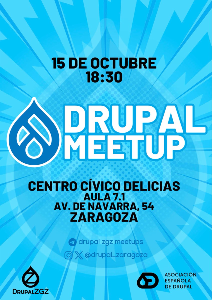 Se viene nueva Drupal Meetup en Zaragoza. Si trabajas o estudias o simplemente te gusta hacer cosas con #drupal ven a crear comunidad el 15 de octubre a las 18:30 al C.C.Delicias  ¡No te lo pierdas!  

Con la colaboración de la <a href="/DrupalAED/">Asociación Drupal</a>

#ZaragozaMeetup #DrupalZaragoza