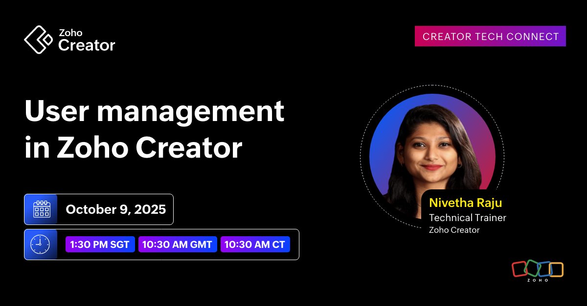 ZohoCreator's tweet image. Join us for the Creator Tech Connect series, where we&apos;ll explore one of Zoho Creator’s key capabilities: user management. Register below:
 
APAC &amp;amp; ANZ: zurl.co/LNXaV
EMEA: zurl.co/G64Ne 
AMERICAS: zurl.co/qAvv6
