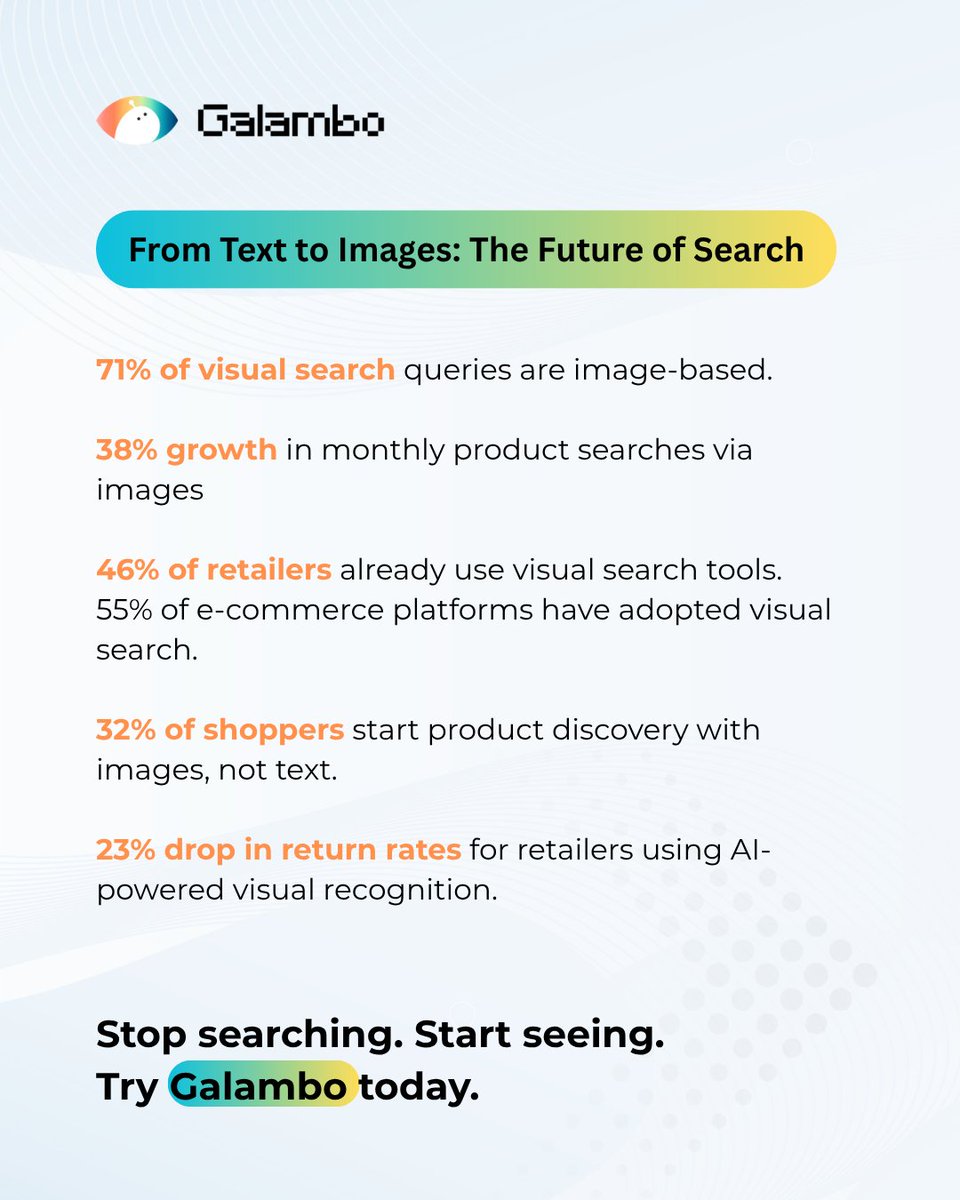 GalamboAI's tweet image. Shopping habits are shifting — and it’s not about typing anymore. From snapping a picture to discovering products instantly, visual search is rewriting the e-commerce playbook.
#Galambo #AIVisualSearch #FutureOfAI #AIInnovation #visualsearch #searchengine #features #invitation