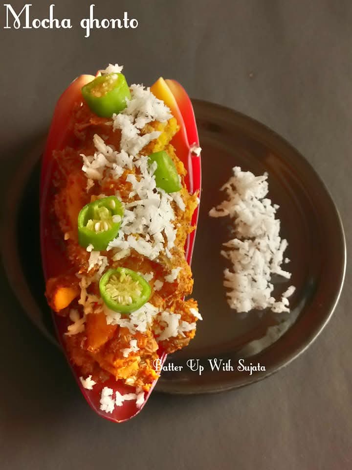 Mocha ghonto or banana flower dry curry.
A very delicious and healthy dish. Banana flower called mocha in Bengali. This mocha ghonto is a traditional dish of Bengal. Generally served with hot steamed rice.  batterupwithsujata.com/2017/10/mocha-…