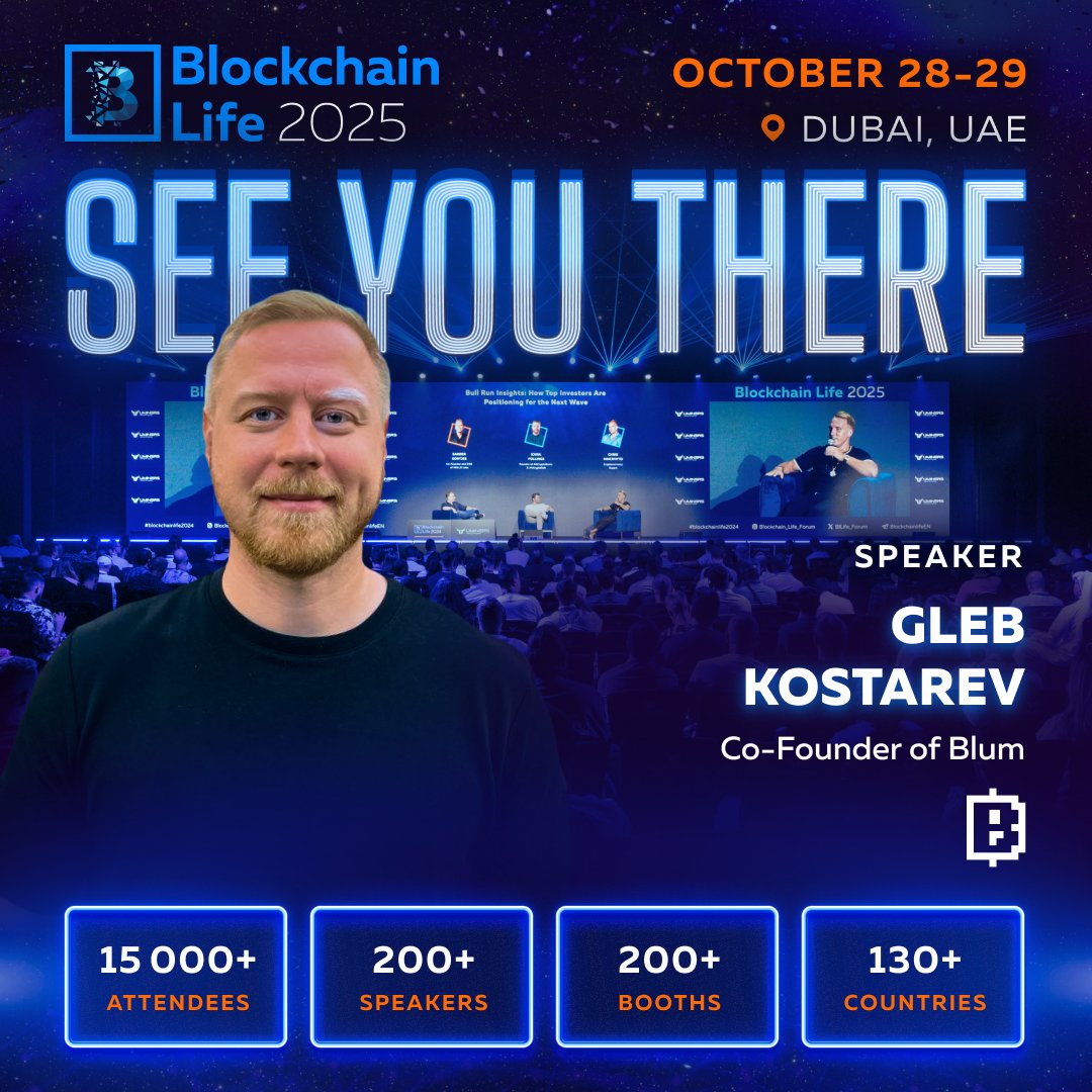 blumcrypto's tweet image. 🇦🇪 Meet Blum CEO &amp;amp; Co-founder @gleb_crypto at @BlLife_Forum in Dubai, Oct 28–29.

He will join the panel “Mass Adoption: How to Onboard the Next Billion Users” alongside TON experts on Oct 28 at 10:45 at the MEXC Stage.

Use code BLUM for 10% off 👉 blockchain-life.com