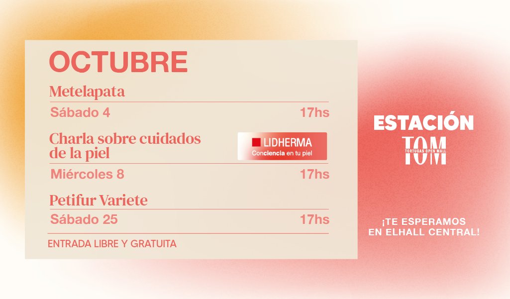 ¡En octubre te esperamos en ESTACIÓN TOM con shows para los mas chicos! 

👉🏽 Miércoles 8/10 CHARLA LIDHERMA 17 hs.

👉🏽 Sábado 25/10 PETIFUR VARIETE 17 hs.

¡No te lo pierdas!