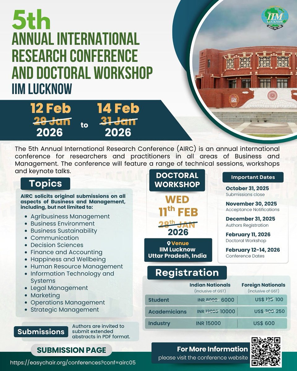 IIML's tweet image. IIM Lucknow invites researchers, academicians, and industry practitioners to the 5th Annual International Research Conference (AIRC) and Doctoral Workshop — now rescheduled to new dates!

#IIMLucknow #AIRC2026 #ResearchConference #DoctoralWorkshop #BusinessManagement #Academia